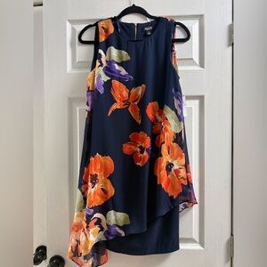 🆕 SLNY Navy Floral Sleeveless Dress With A Sheer Overlay Size 6